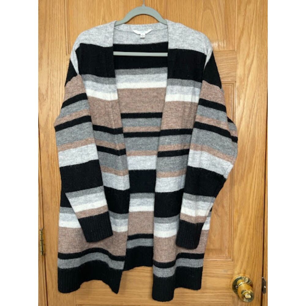 Time and Tru Striped Open Front Cardigan Large 12-14 Oversized Duster Sweater